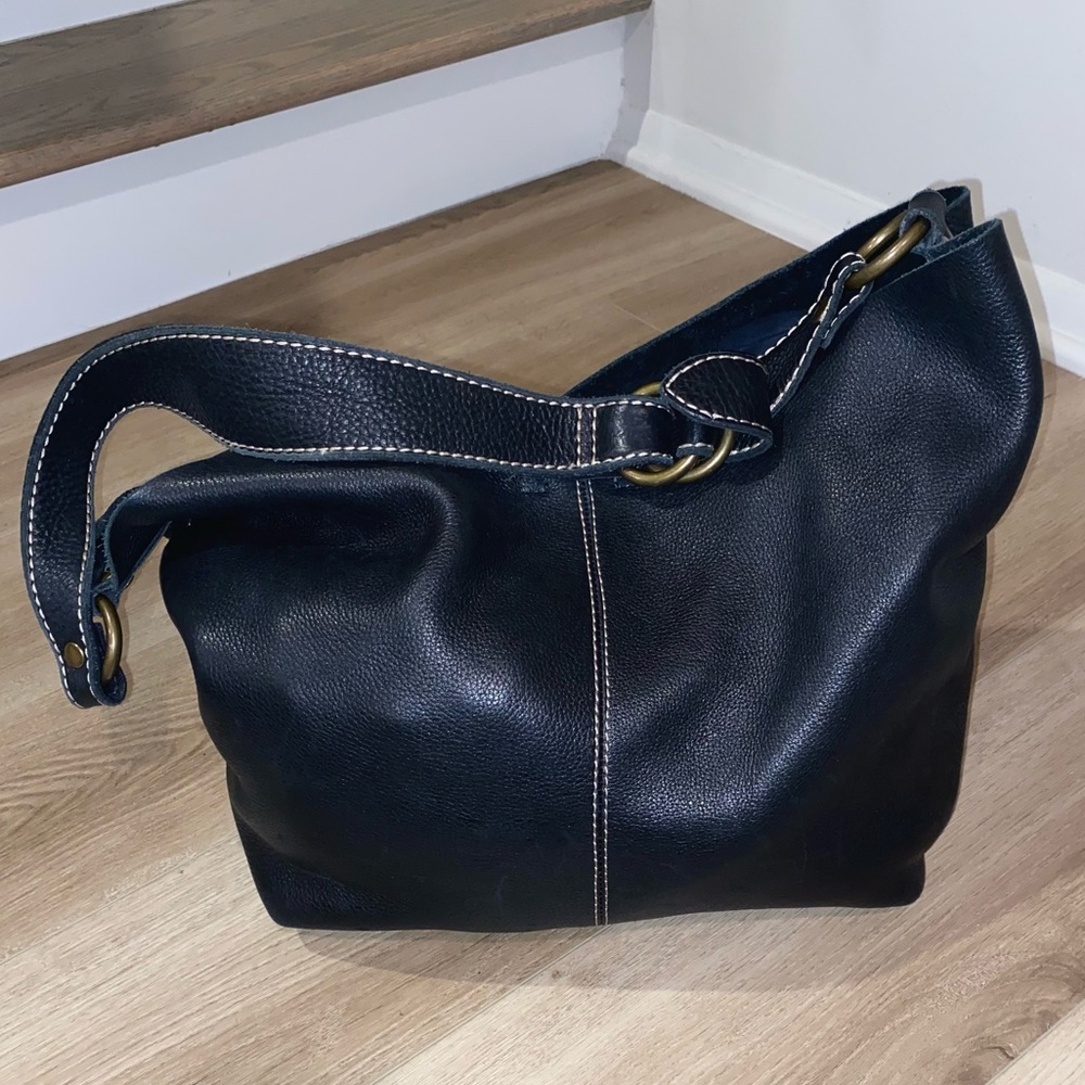 🍀Lucky Brand Black Pebbled Leather Hobo Bucket Shoulder Bag